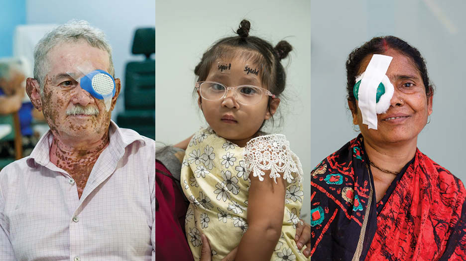 three patients smiling with eye patches.